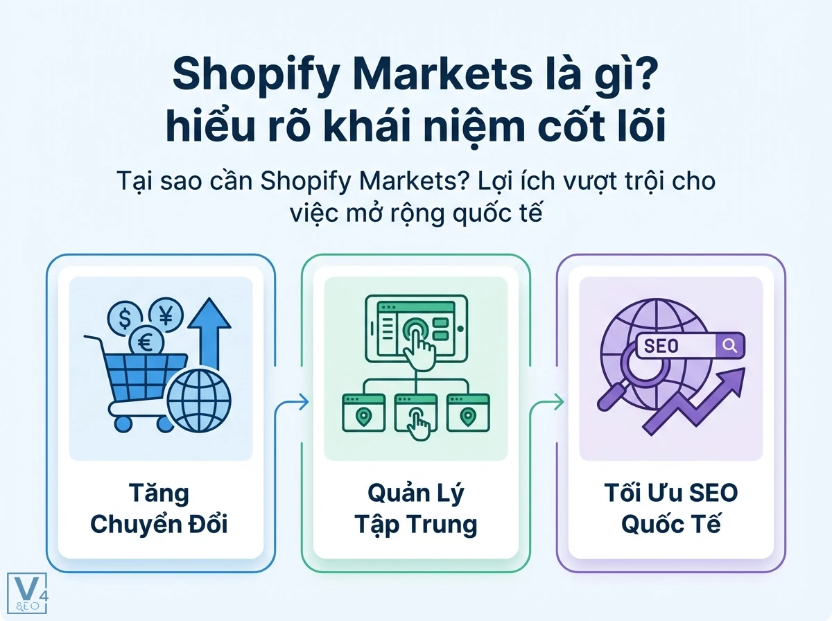 Chuỗi ba khối nội dung, mũi t&ecirc;n nối tiếp, thể hiện lợi &iacute;ch Shopify Markets bao gồm Tăng Chuyển Đổi, Quản L&yacute; Tập Trung v&agrave; Tối Ưu SEO Quốc Tế