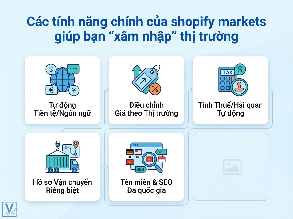 Chuỗi 5 khối nội dung, mũi t&ecirc;n v&agrave; biểu tượng minh họa c&aacute;c t&iacute;nh năng Shopify Markets: tiền tệ/ng&ocirc;n ngữ, gi&aacute; thị trường, thuế, vận chuyển, SEO quốc tế