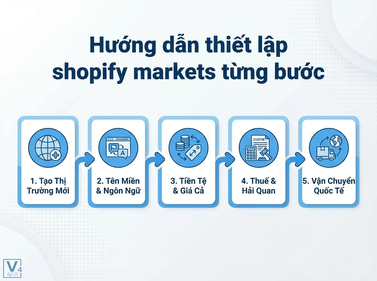 D&ograve;ng chảy 5 bước thiết lập Shopify Markets, gồm c&aacute;c khối th&ocirc;ng tin, biểu tượng cho thị trường, ng&ocirc;n ngữ, tiền tệ, thuế, vận chuyển